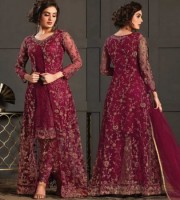 Jacket Style ChiniGura Fabric Embroidery Churidar Salwar Kameez